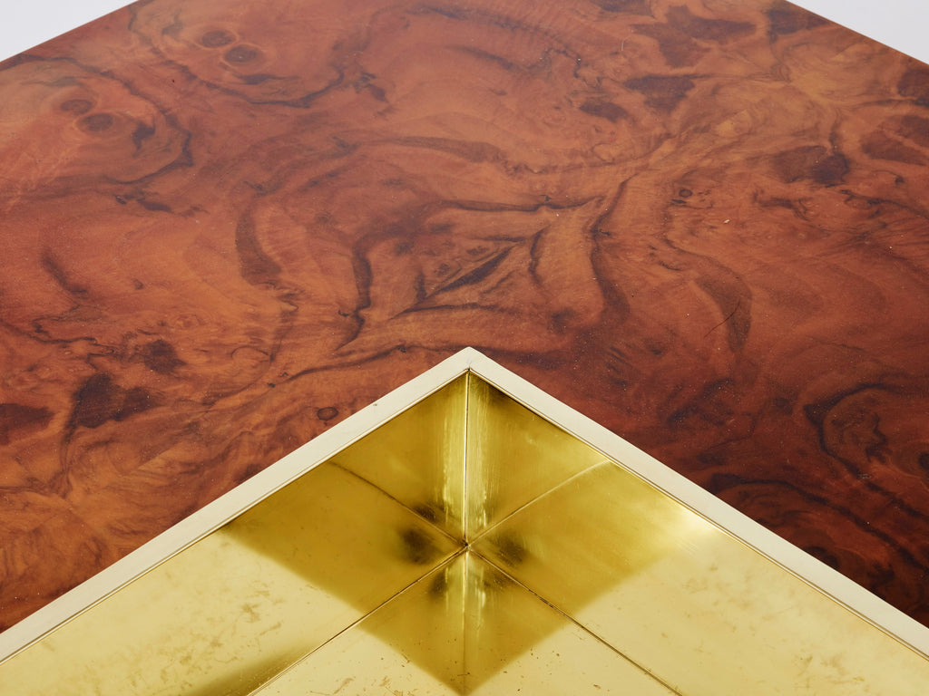 Willy Rizzo burl wood and brass square bar coffee table Alveo 1970s