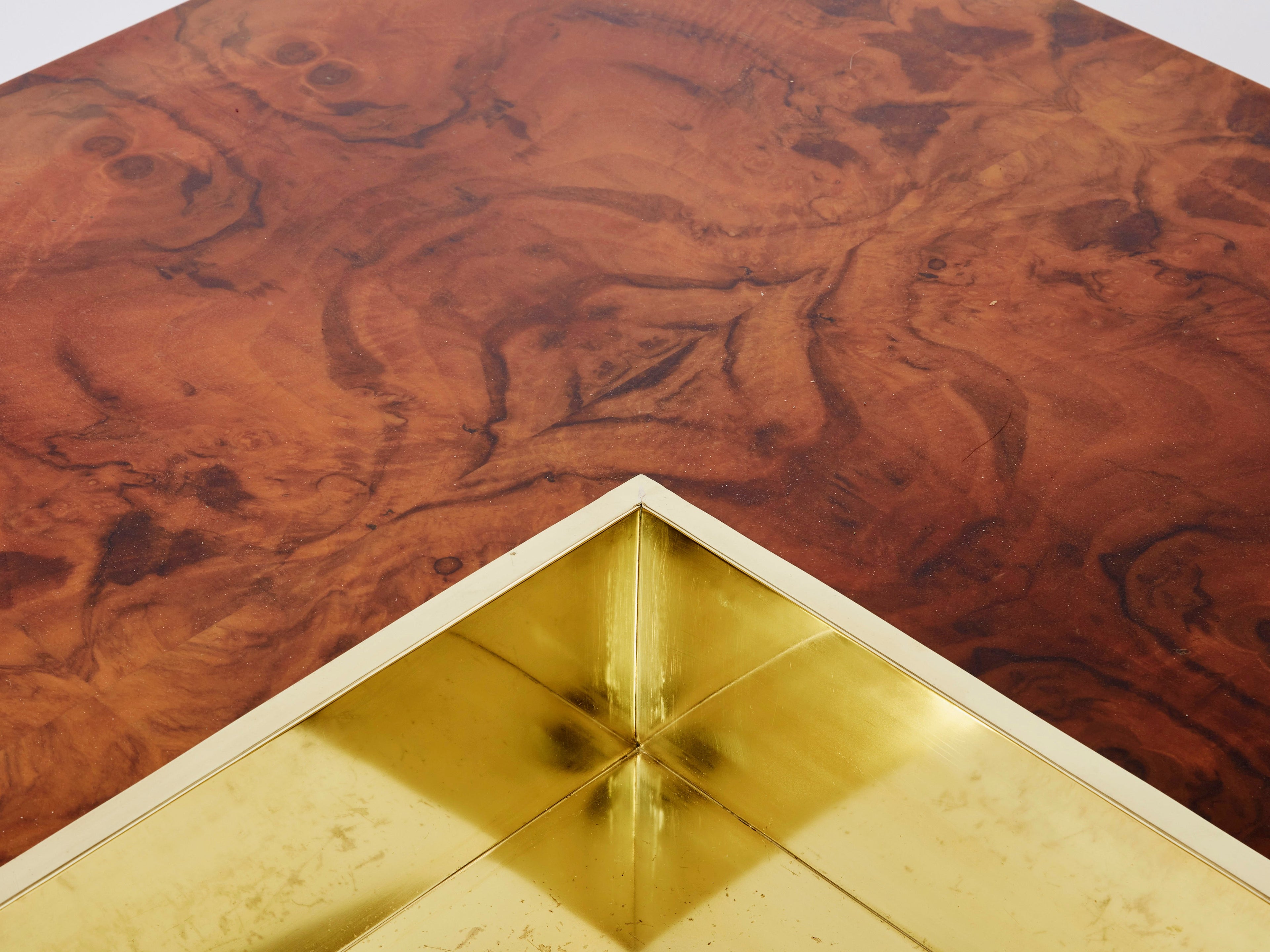 Willy Rizzo burl wood and brass square bar coffee table Alveo 1970s