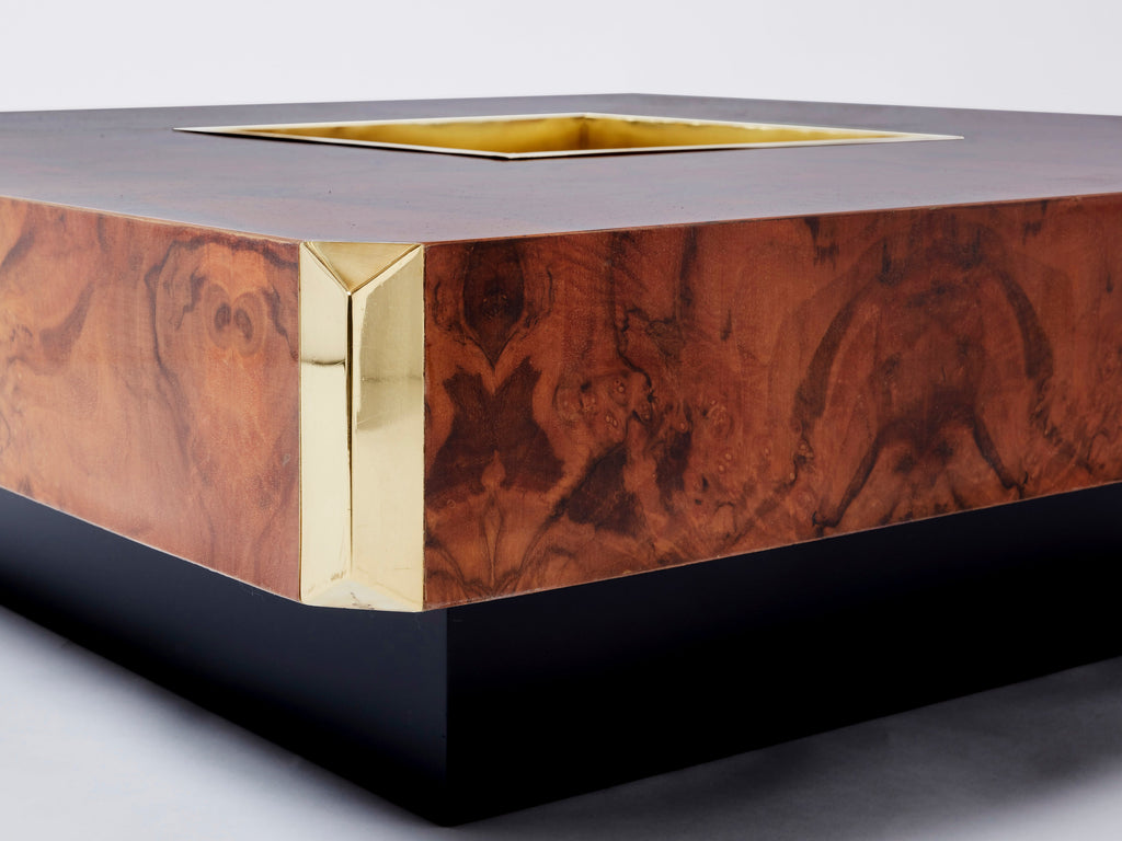 Willy Rizzo burl wood and brass square bar coffee table Alveo 1970s
