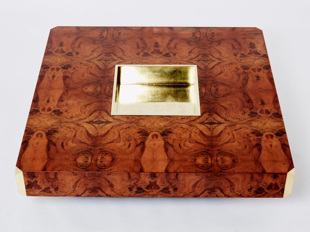 Willy Rizzo burl wood and brass square bar coffee table Alveo 1970s