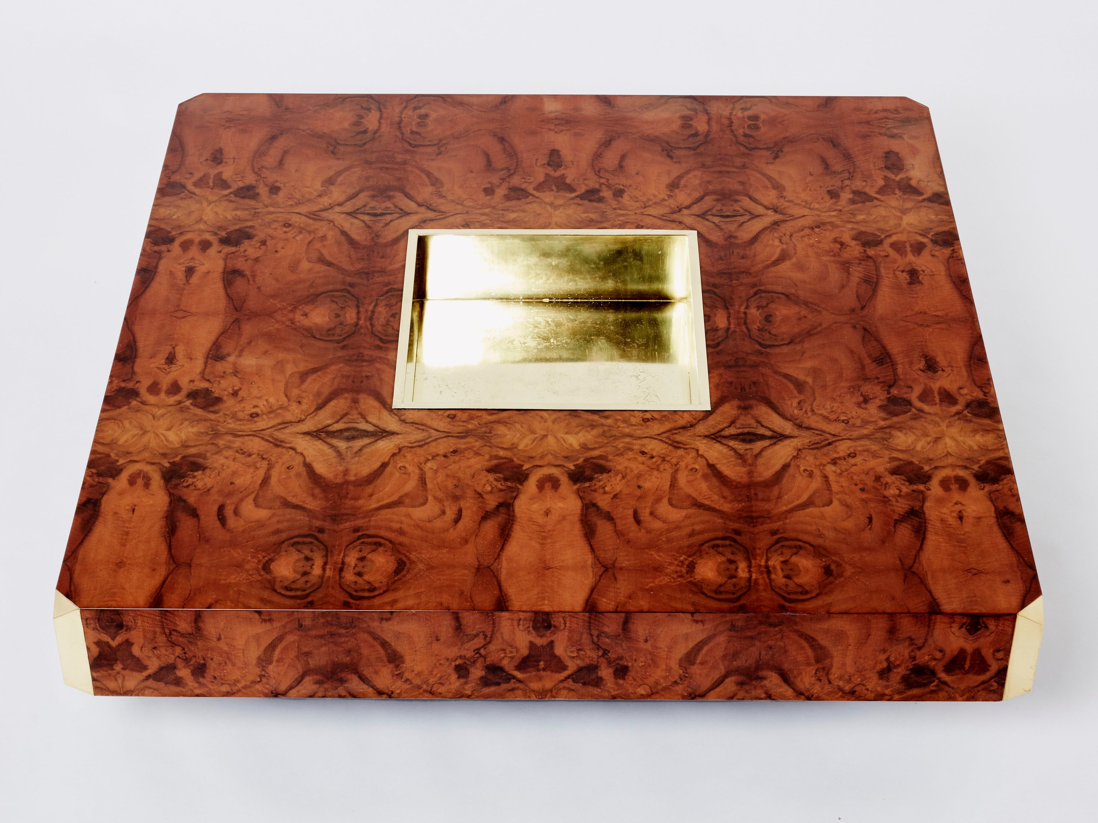 Willy Rizzo burl wood and brass square bar coffee table Alveo 1970s