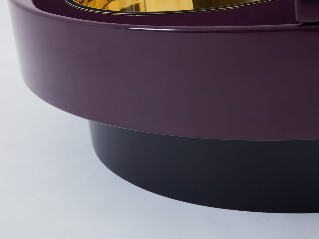 Willy Rizzo eggplant lacquer brass bar swivel coffee table TRG 1970s
