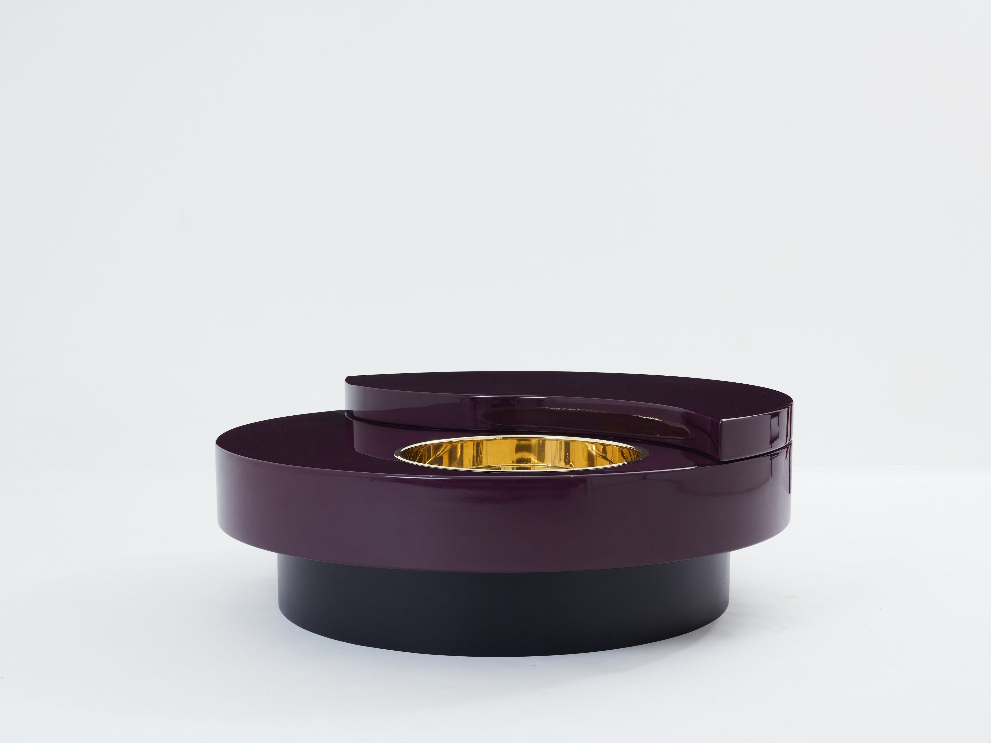Willy Rizzo eggplant lacquer brass bar swivel coffee table TRG 1970s