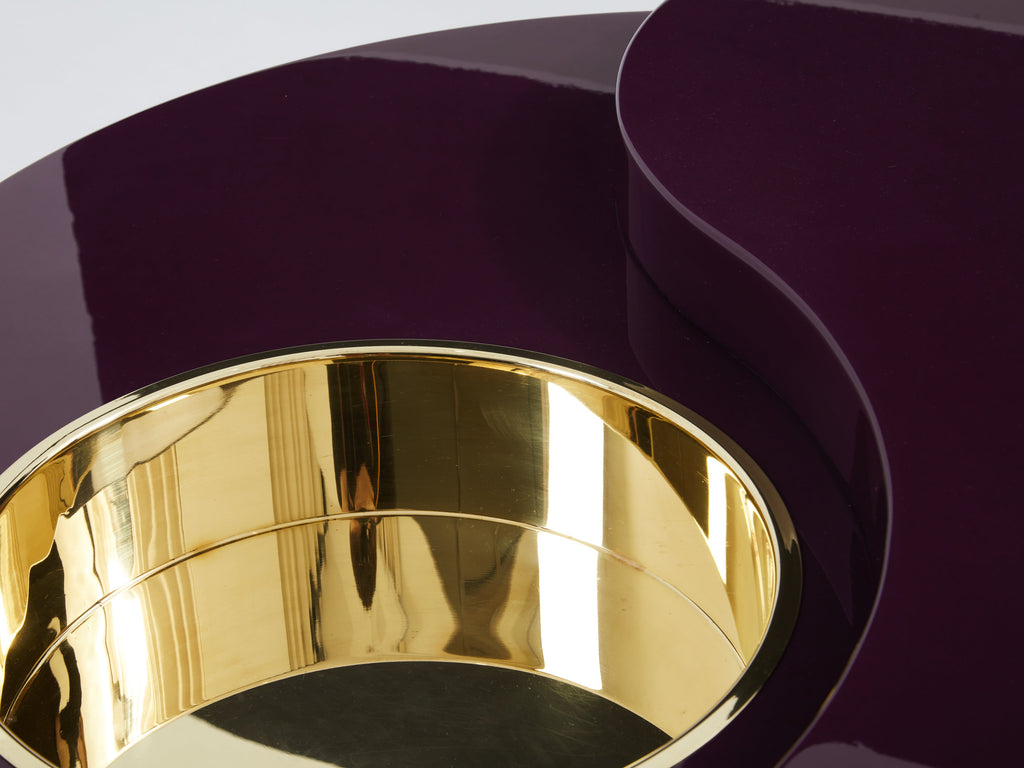Willy Rizzo eggplant lacquer brass bar swivel coffee table TRG 1970s