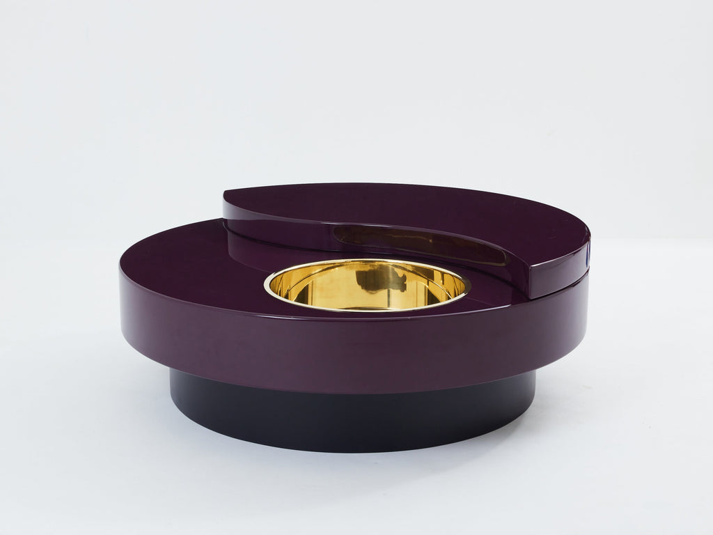Willy Rizzo eggplant lacquer brass bar swivel coffee table TRG 1970s
