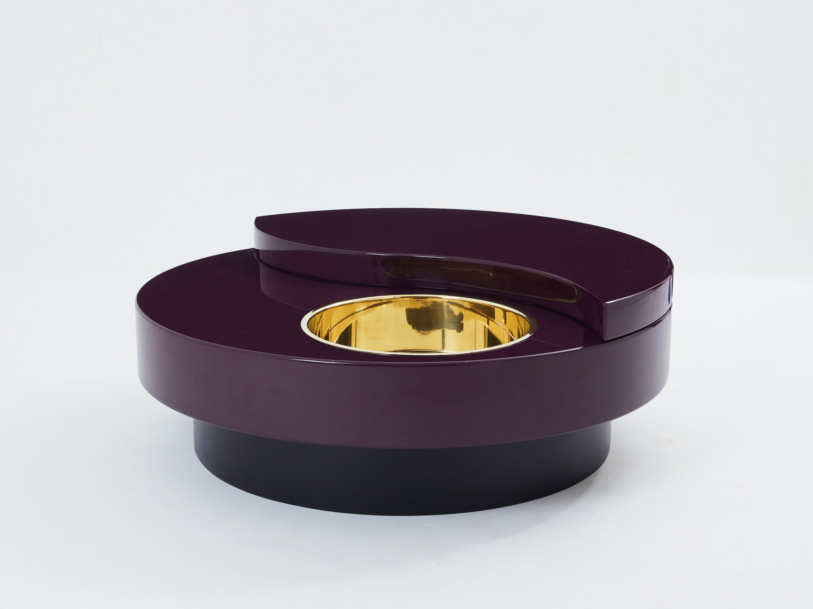 Willy Rizzo eggplant lacquer brass bar swivel coffee table TRG 1970s