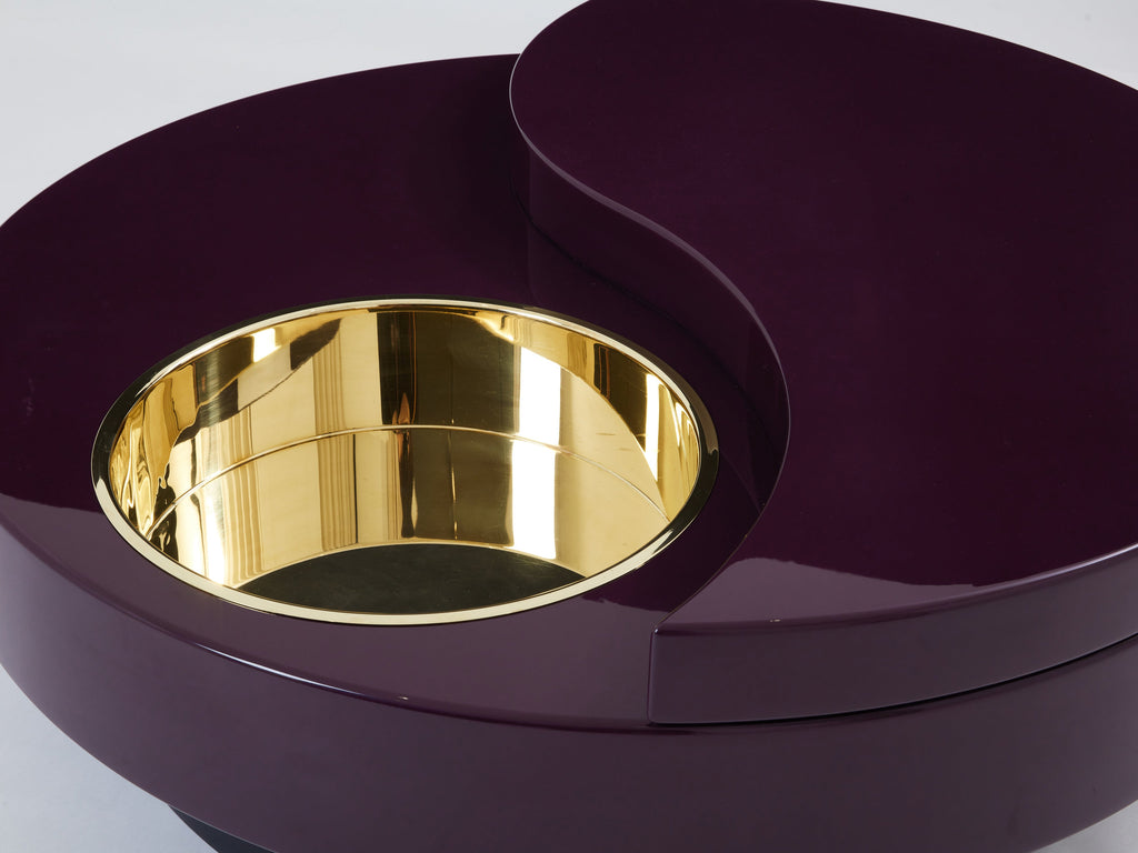 Willy Rizzo eggplant lacquer brass bar swivel coffee table TRG 1970s