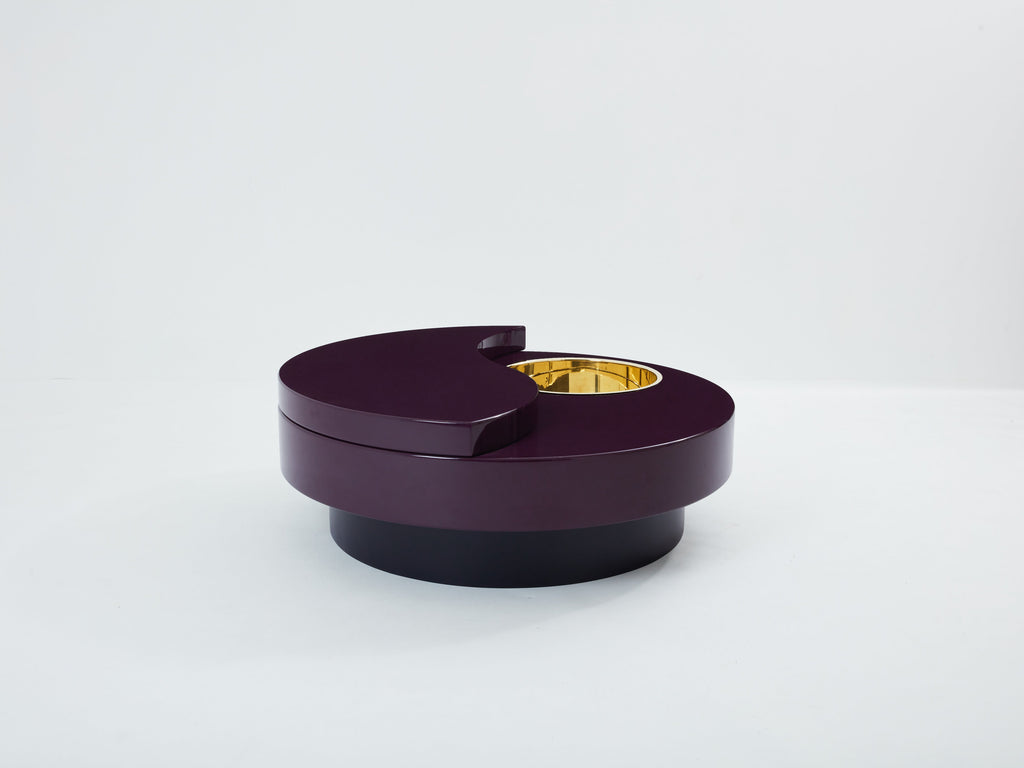 Willy Rizzo eggplant lacquer brass bar swivel coffee table TRG 1970s