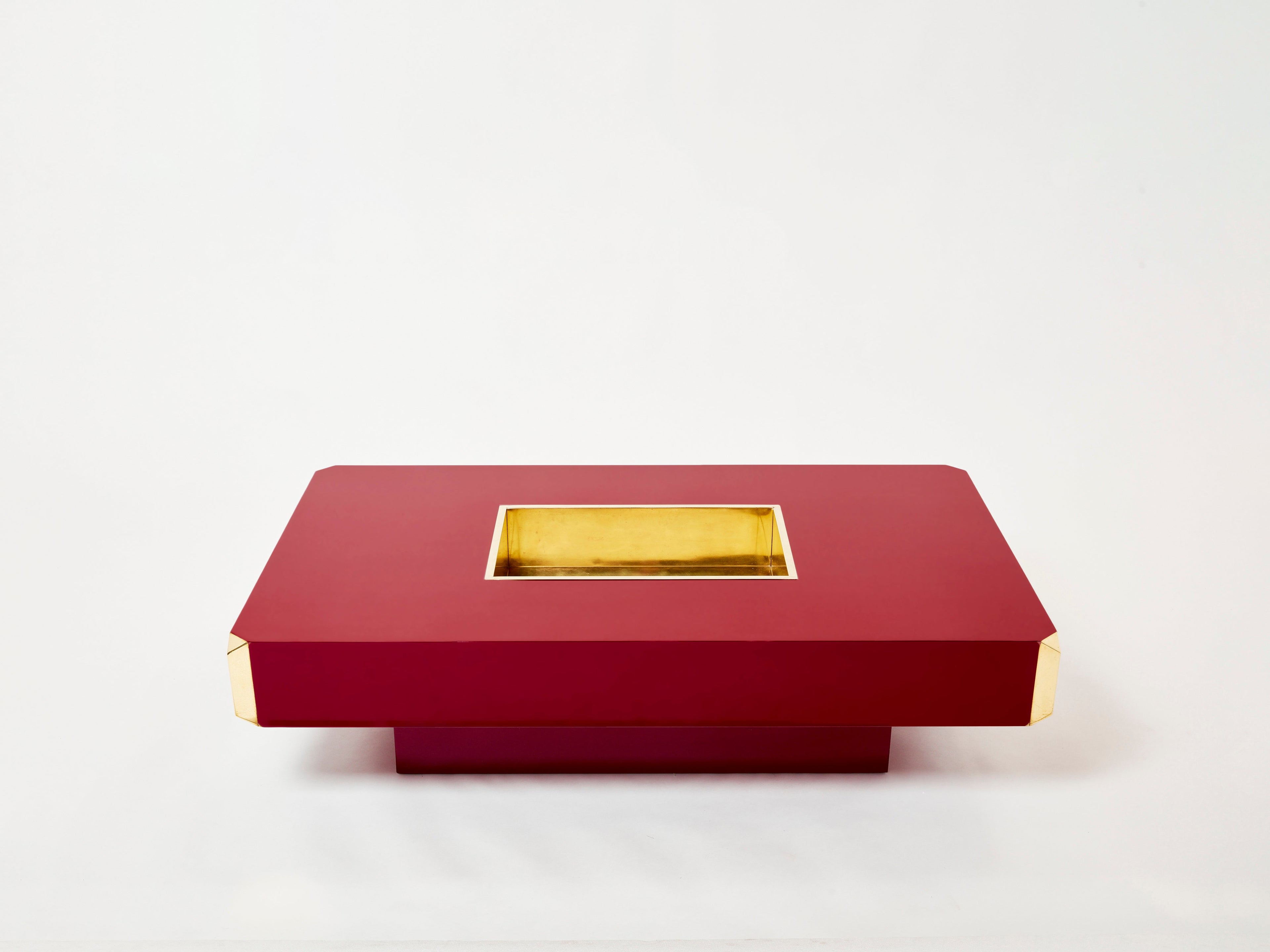 Willy Rizzo ruby red lacquer and brass bar coffee table Alveo 1970s
