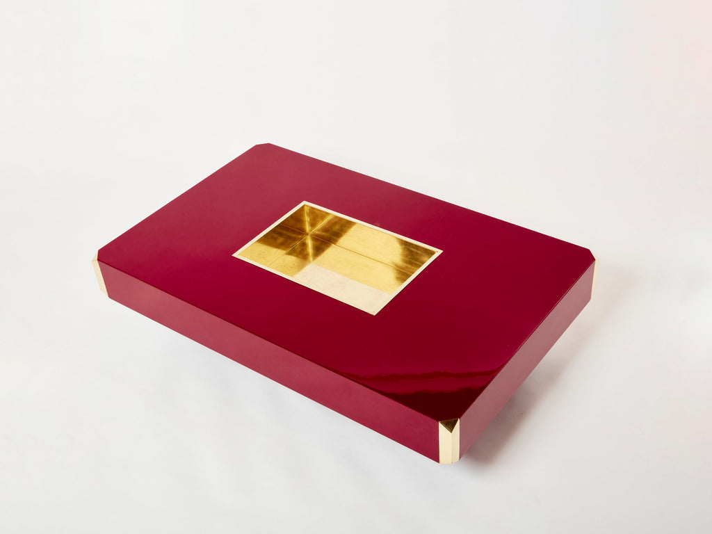Willy Rizzo ruby red lacquer and brass bar coffee table Alveo 1970s
