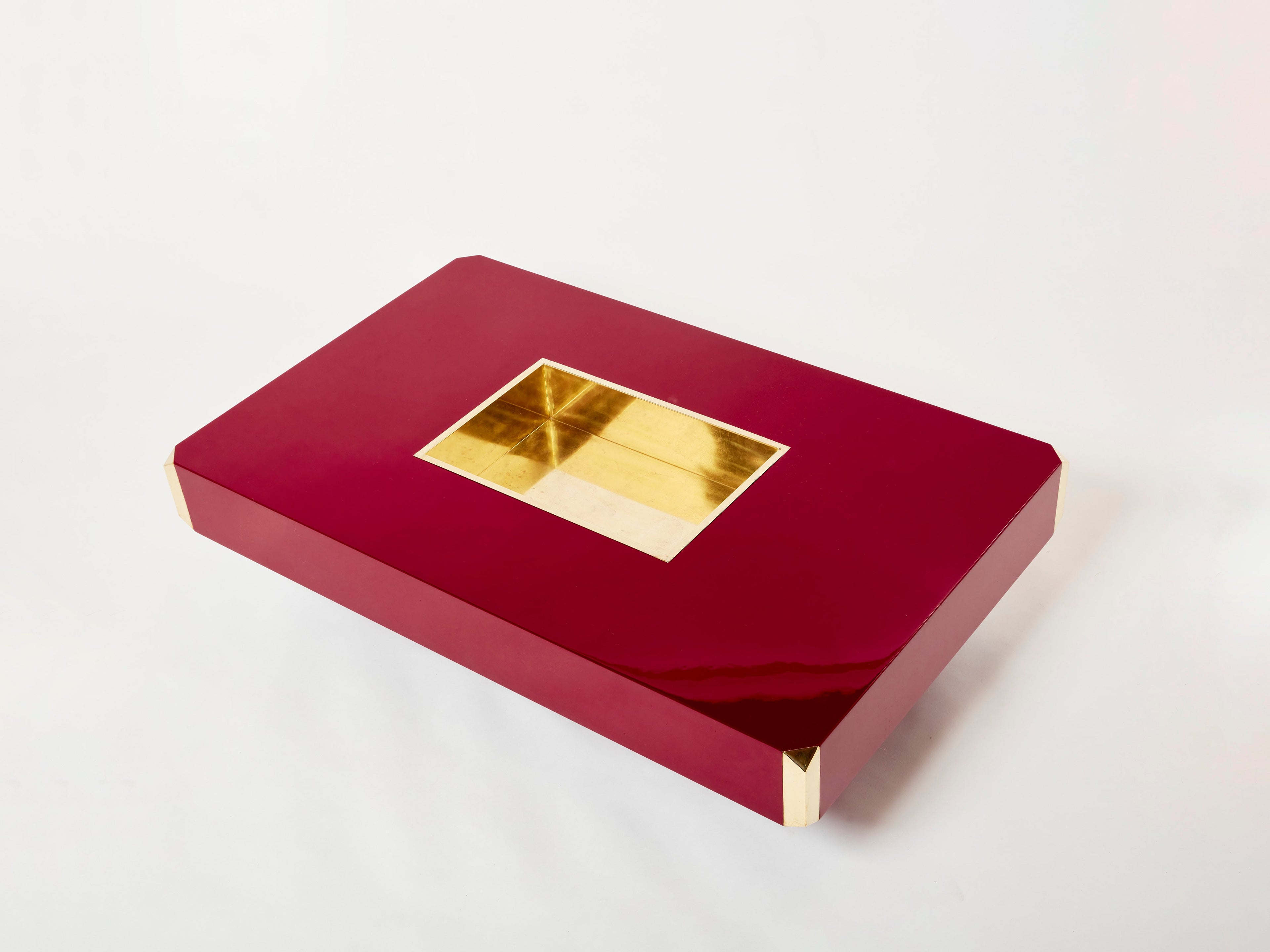 Willy Rizzo ruby red lacquer and brass bar coffee table Alveo 1970s