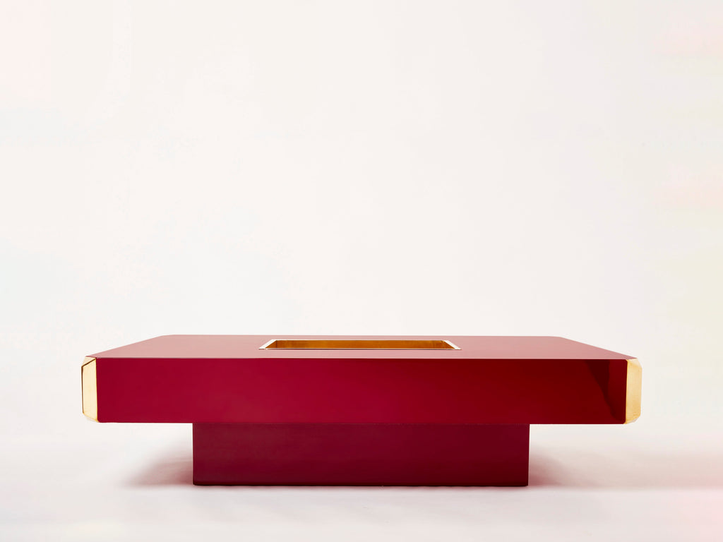 Willy Rizzo ruby red lacquer and brass bar coffee table Alveo 1970s