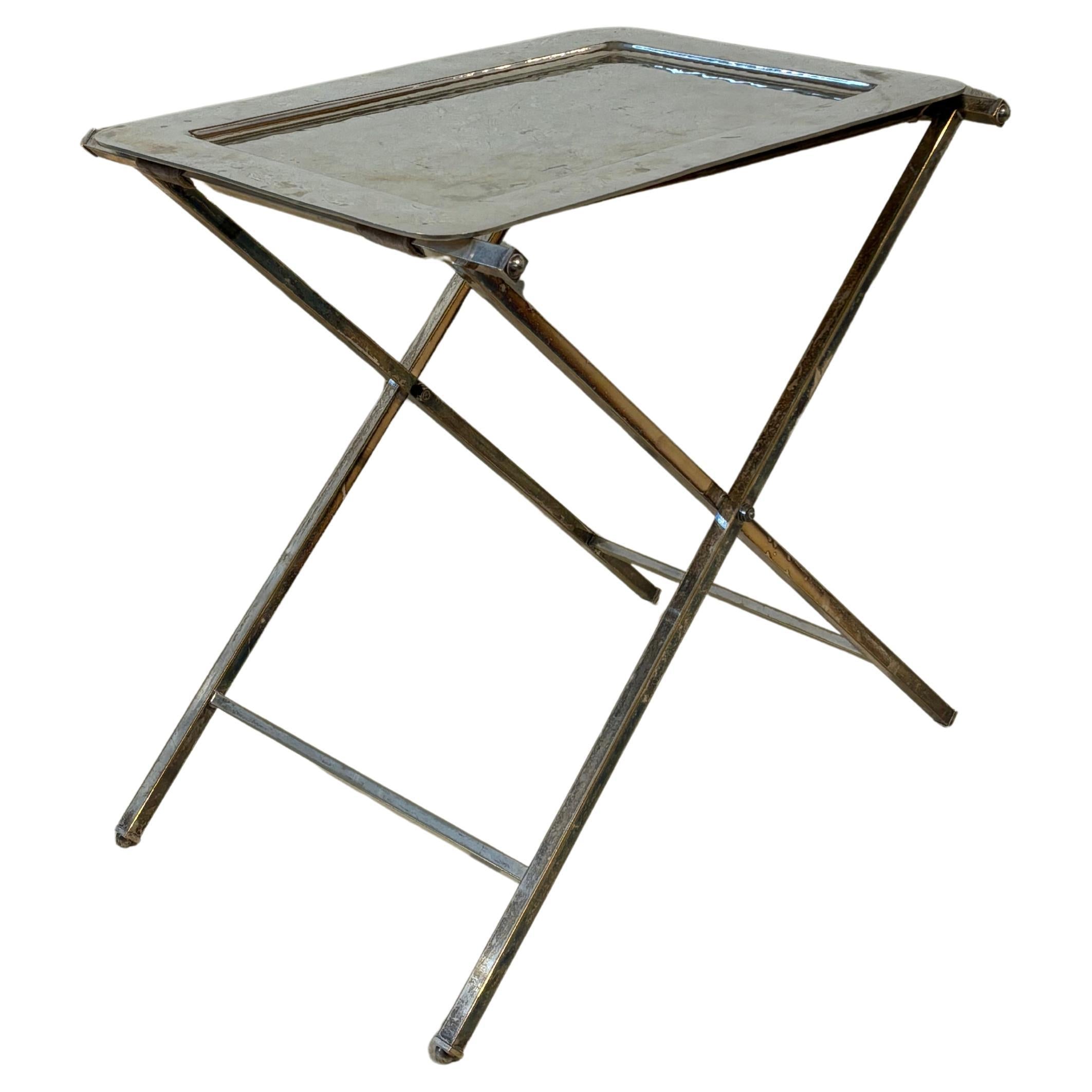 Christian Dior Folding Side Table, Hammered Steel, Silver Patina, 1970