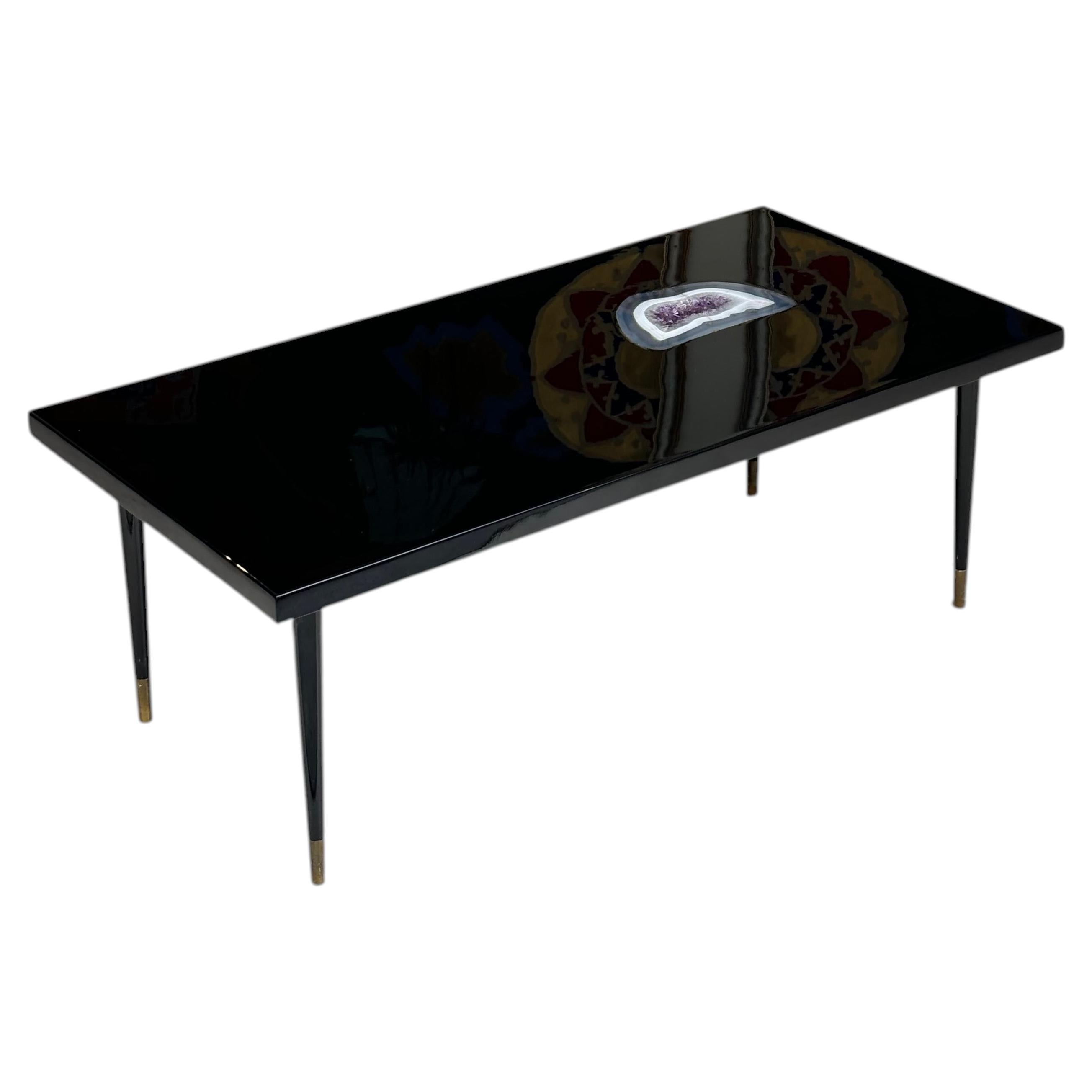 Nice coffee table by Philippe Barbier in lacquer and incrustation d’améthyste